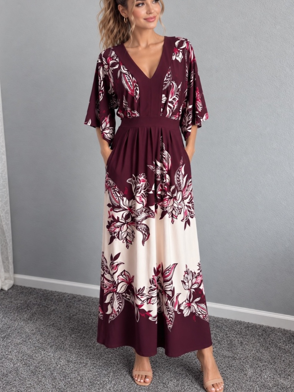 Chico’s Floral Maxi Dress Size 1 Medium Burgundy V Neck Flutter Sleeve Pockets